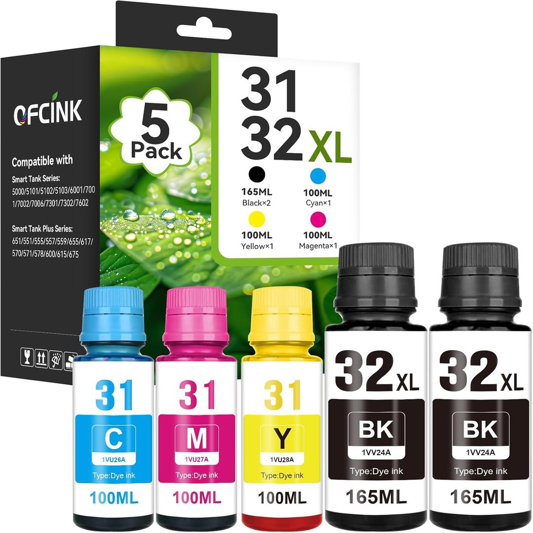 31 32XL Ink Bottle Set, Smart Tank 5000 5101 7602 570 651 Ink Refill Compatible with HP 31 Ink 32XL Black Ink Bottle Set Compatible with HP Smart Tank 5000 5101 7602 570 651 6001 7001 7301 Printers