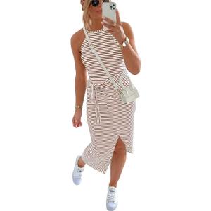NOLLSOM Women Casual Sleeveless Striped Tank Midi Dresses Halter Neck Ruched Bodycon Dresses Tie Waist T Shirt Summer Dress (Brown, S)