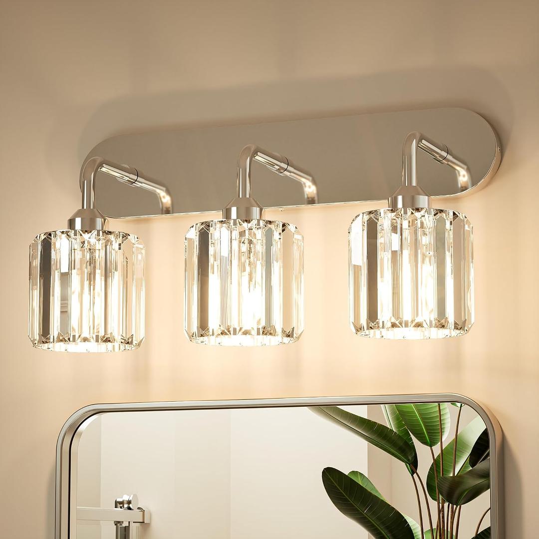 Keonjinn 3-Light Chrome Bathroom Light Fixtures Over Mirror, Crystal
