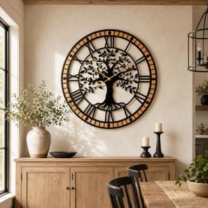 24 Inch Tree of Life Wall Clock, Silent Farmhouse Wood and Metal Decor, Large