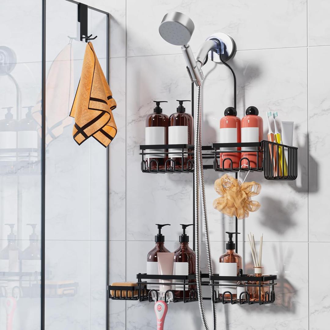 Shower Caddy Hanging with Door Hook - Split Design for Handheld Showerheads, Rustproof Over The Showerheads Bathroom Organizer with Hooks Soap and Toothbrush Holder, Bathroom Accessories Black