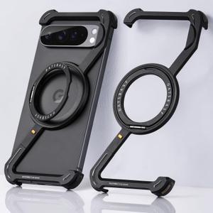 Metal Frameless for Google Pixel 9 Pro Xl Phone Case Compatible with Magnetic Kickstand 360 Rotatable, Minimalist Slim Thin Bumper Shockproof for 9pro xl with Ring Holder Magnetic Stand Black