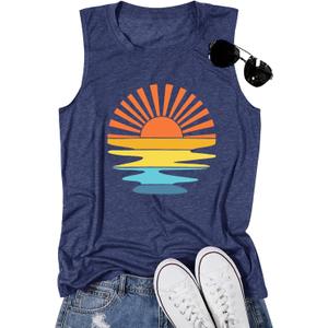 Womens Sunshine Graphic Tank Top Summer Beach Tops Casual Hawaiian Shirts Dark Blue,M