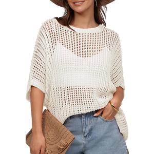 UEU Womens Summer Tops Crochet Short Sleeve Mesh Knit Sweater Shirts Beach Swimsuit Swim Cover Ups 2025 Trendy Outfits (X-Large, White)