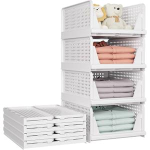 SNSLXH 5 Pack Stackable Closet Storage Basket, Multifunctional & Foldable Closet Organizer for Bathroom Kitchen Laundry Room Wardrobe Storage, Space-Saving Clothes Storage Drawer Organizer, White