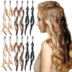 Geyoga 12 Pcs Clip in Hair Feathers with Beads, Boho Feather Hair Clips for Women, Rave Music Festival Accessories for Halloween Costume, Carnival Party (Brown,Black,Dark Coffee,Long)