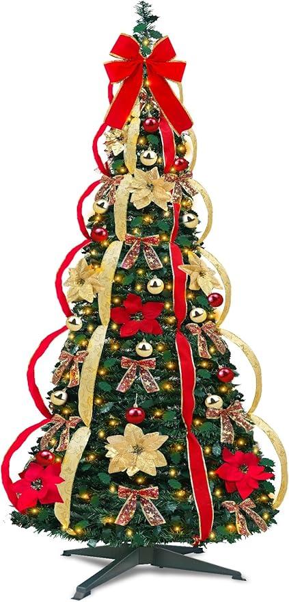 6.5 Ft Prelit Full Pop up Christmas Tree with Timer 8 Mode 200 Warm Lights, Ornaments, Red&Gold Ribbon, Flowers, Bows,UL Plug Powered, Fire-Resistant Collapsible Outdoor Indoor Holiday Party Decor 6.5 Ft Prelit Full Pop up Christmas Tree with Timer 8 Mode 200 Warm Lights, Ornaments, Red&Gold Ribbon, Flowers, Bows,UL Plug Powered, Fire-Resistant Collapsible Outdoor Indoor Holiday Party Decor