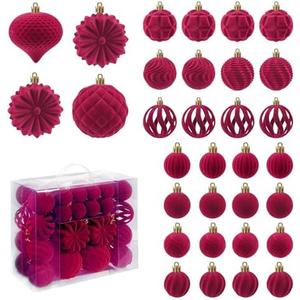 Velvet Christmas Balls 48pcs Flocked Christmas Tree Ornaments Set Shatterproof Christmas Ornaments with Hanging Rings Suitable for Xmas Tree Holiday Decor (Wine Red)