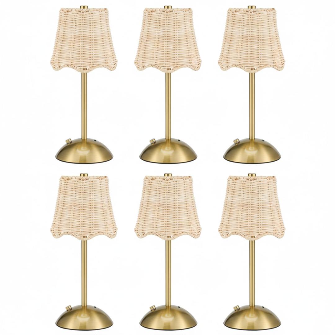 Grinsvalley 6 Pack Woven Table Lamp 12 Inch Portable Cordless Table Lamp Rechargeable Gold Bedside Light with Woven Rattan Shade for Bedroom Living Room Dining