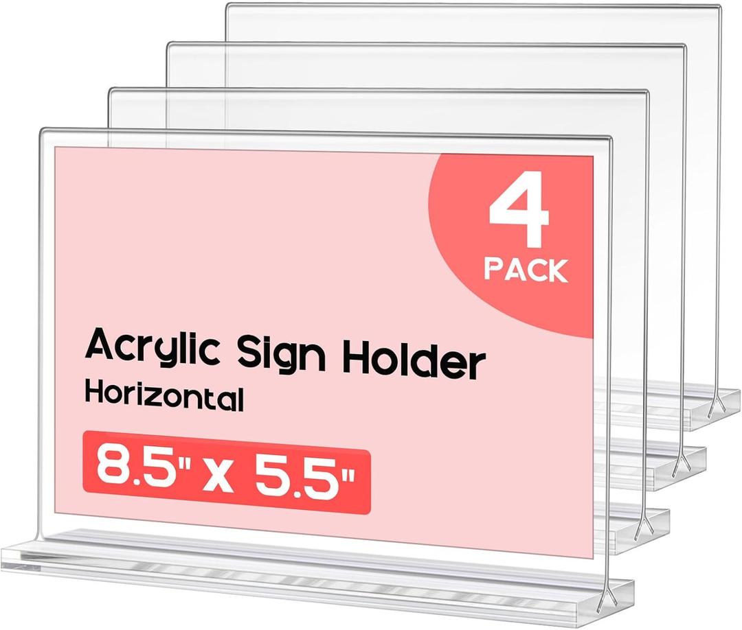 Vowcarol Acrylic Sign Holder 8.5x5.5 Inch - 4 Pack, Horizontal T Shape, Double-Sided Desktop Display Stands Menu Holder