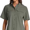 Womens Safari Hiking Sun Shirts Sun Protection Quick Dry Short Sleeve Button Shirts (Medium, Grey Green)