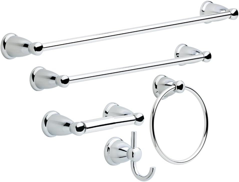Franklin Brass Kinla 5-Piece Bathroom Set Polished Chrome 18" and 24" Towel Bar Racks,Toilet Paper Holder, Ring, Hook KIN5PC-PC