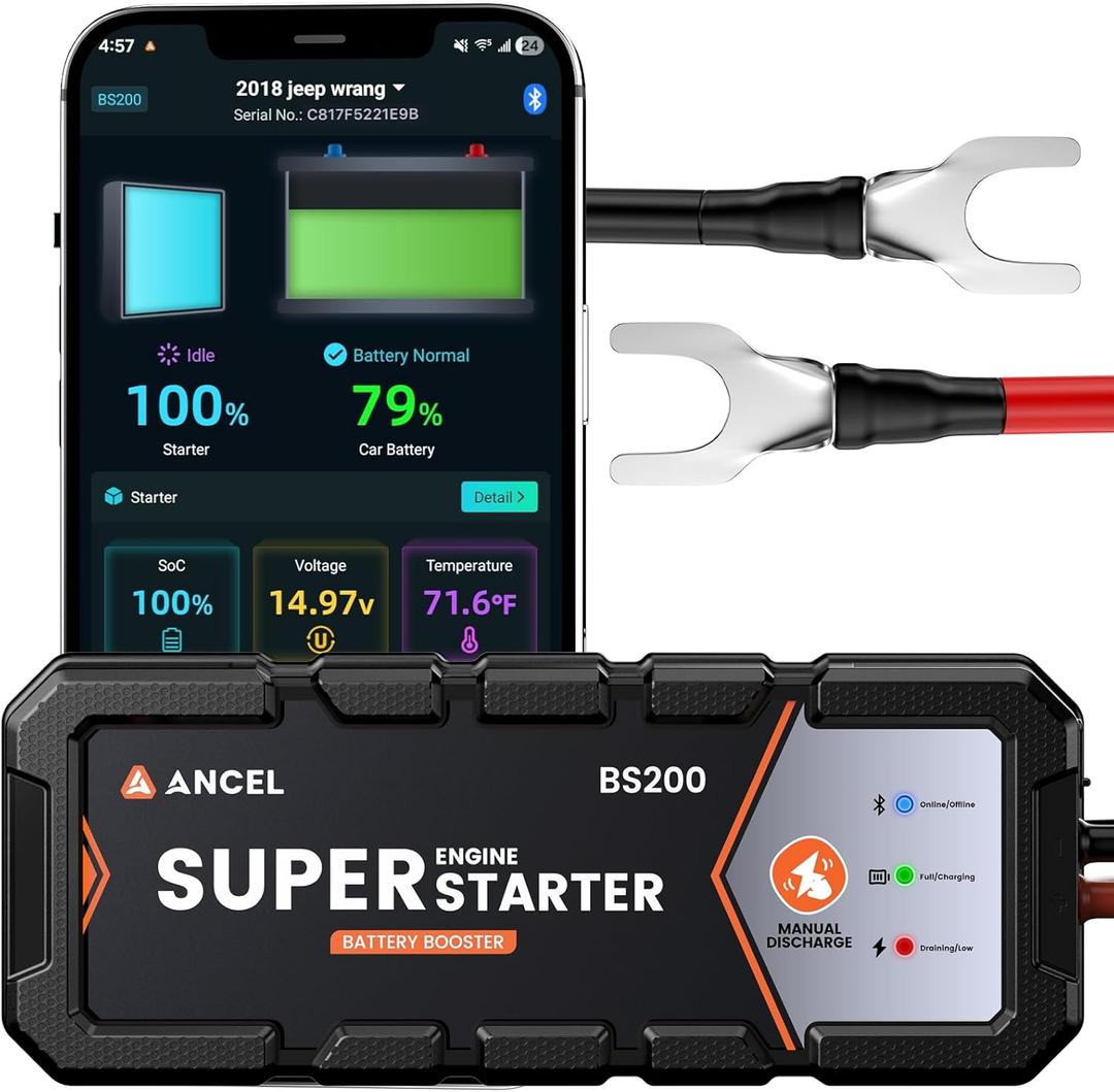 ANCEL BS200 Super Starter - Permanent Connected Auto Starting System with Super Capacitor, Ultra-Safe Car Battery Jump Starter & Health Monitor, -40~176 Proactive Jump Box for 3.0L Vehicles