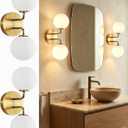 Yunnix Gold Bathroom Vanity Light, 2-Light Modern Globe Vanity Lighting Fixtures with Milk White Glass Shade, Mid Century Vanity Lights Wall Sconce Over Mirror for Hallway Entryway Set of 2
