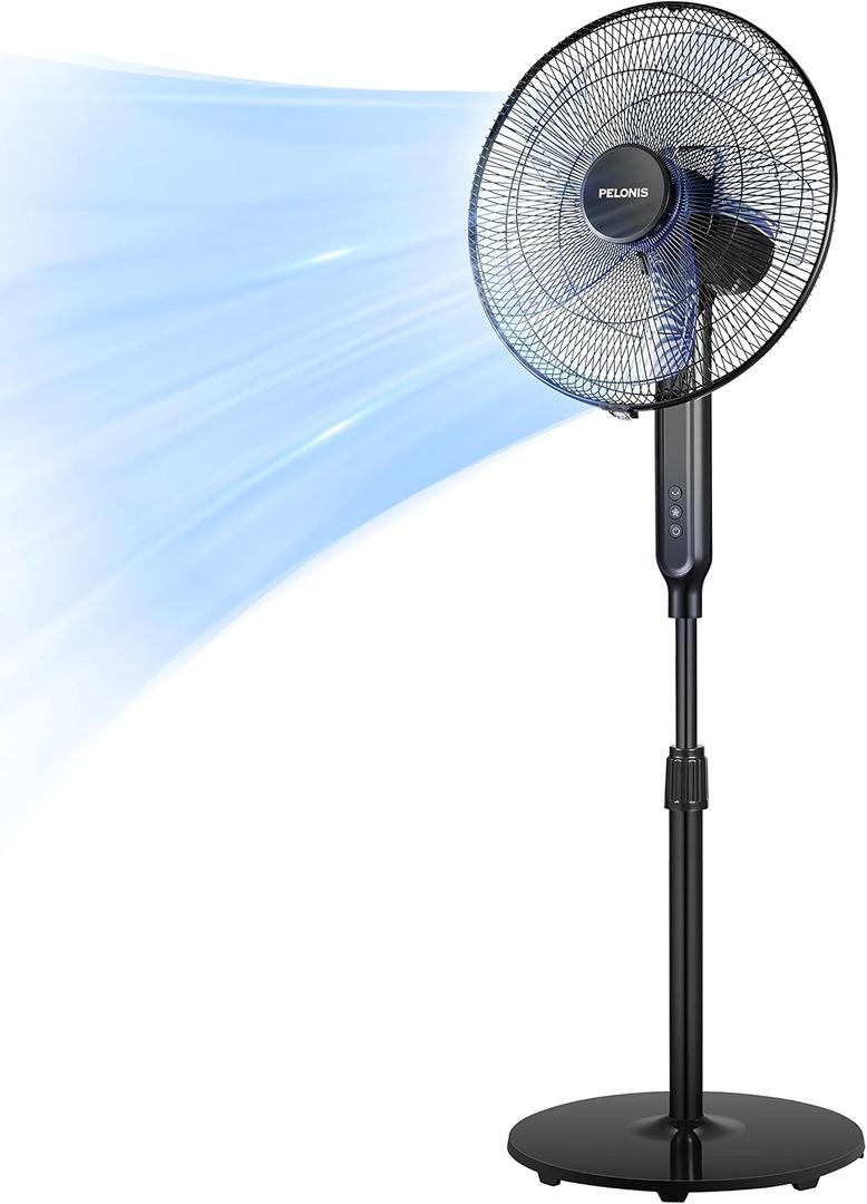 PELONIS 16" Oscillating Pedestal Stand Up Fan | Adjustable Height | Ultra Quiet DC Motor | Remote Control | 12 Speed | 12-Hour Timer | High Energy Efficiency | for Bedroom Home Office Use | Black