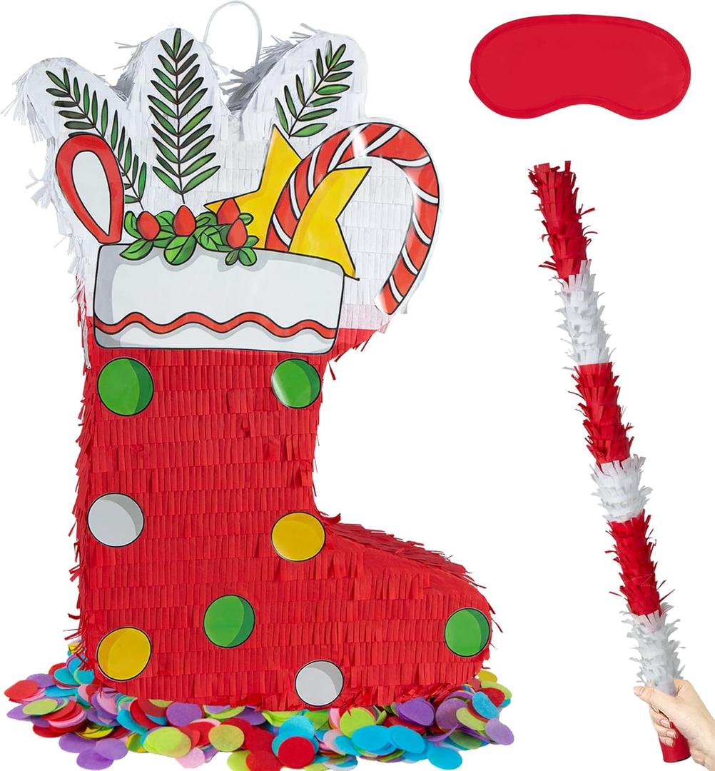 PCFING 21.6 Inch Christmas Stocking Piata with 30 Inch Piata Stick Blindfold Confetti for Boy Girl Adults Xmas Party Game Decorations