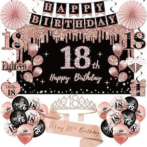 18th Birthday Decorations for Girls, 33pcs Black Rose Gold Happy 18th Birthday Banner 18 Birthday Crown and Sash Balloons Backdrop Hanging Swirls Paper Fans, 18 Years Old Party Supplies Kit