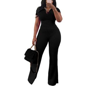 HBQ Womens 2 Piece Outfit Ribbed Short Sleeve V Neck Polo Top Flare Pants Casual Lounge Sets Tracksuit, Large