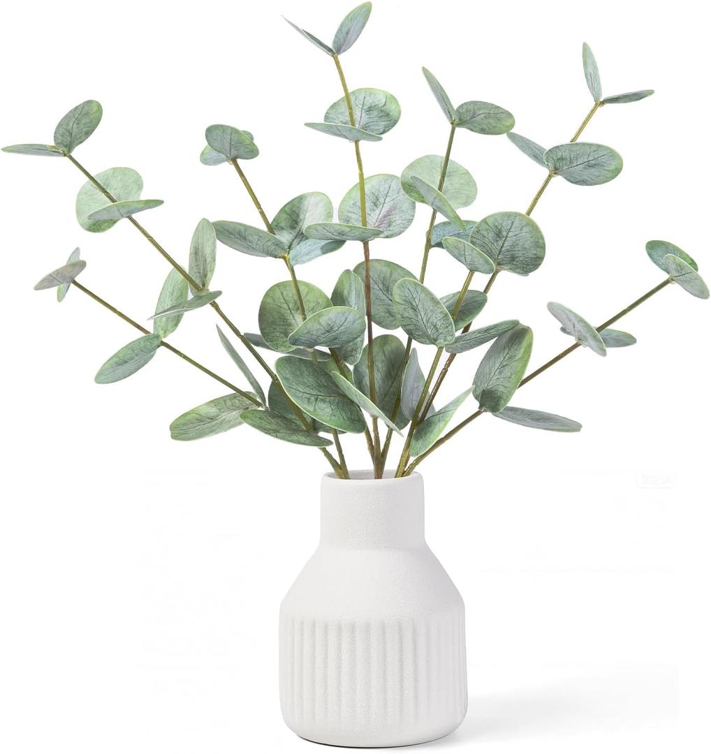 FIACO Artificial Eucalyptus Stems in Ceramic Vase, 14" Fake Plants for Home Decor, Coffee Table Centerpiece Bathroom Shelf Dining Table Farmhouse Faux Greenery Plants Indoor Decorations