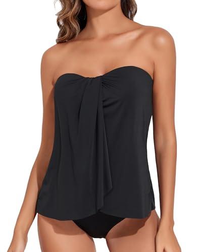 Tempt Me Black Two Piece Tankini Bathing Suits for Women Halter Bandeau Swim Top with Bottom Flyaway Tummy Control Swimsuit XXL
