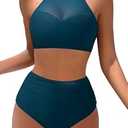 MOOSLOVER Women Mesh High Neck Bikini Sets High Waisted Two Piece Swimsuit Bathing Suits(S, #1 Peacock Blue)