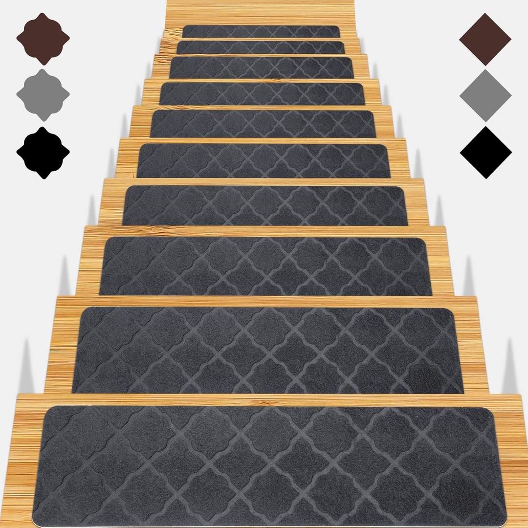 Stair Treads for Wooden Steps 15pcs - 8x30in Carpet Stairs Runner Indoor Non-Slip Stair Mats for Kids Elders and Pets (Flower Grey)