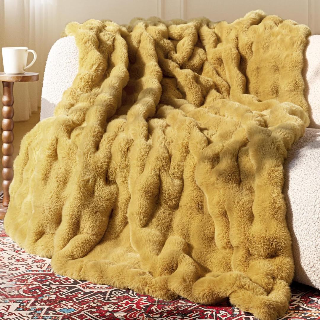 Ultra Soft Cozy Faux Fur Throw Blanket, Fuzzy Plush Thick Bubble Blanket, Oversized Luxury Fluffy Blanket for Couch, Sofa, Bedroom, and Living Room,50x60 Inches, Dark Yellow