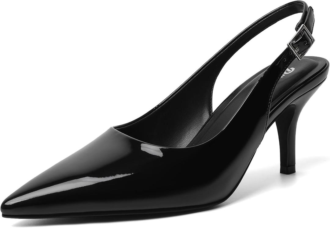 RIBONGZ Black Heels for Women Slingback Kitten Heels Closed Pointed Toe Ankle Strap Low Patent Leather Heeled Sexy Pumps Wedding Bride Guest Party Evening Prom Formal Herls Dressy Shoes, Size: 6.5