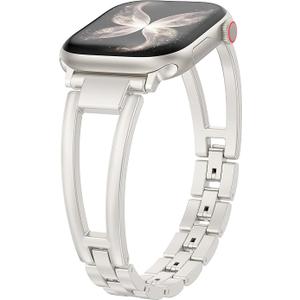 Wearlizer Compatible with Apple Watch Band 42/46/38/40/41/44/45/49mm Women, Dressy Fancy Stainless Steel Metal Strap Pretty Slim Designer Bracelet for iWatch Series 11 10 9 8 7 6 5 4 SE/Ultra 3 2 1, Starlight