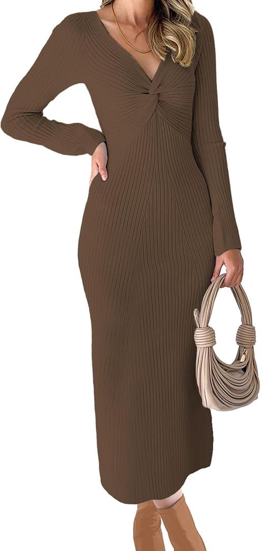 RAISECOM Womens Ribbed Knit Maxi Dresses Long Sleeve V Neck Casual Sweater Dress Bodycon Midi Dress (Brown), XL