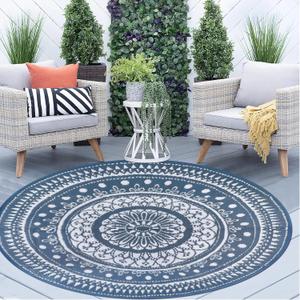 Cekene Round Outdoor Rugs for Patio 5Ft Waterproof Reversible Outdoor Patio Rugs Blue Lightweight Plastic Straw Rugs Portable RV Camping Mat Floor Carpet for Deck Porch Picnic