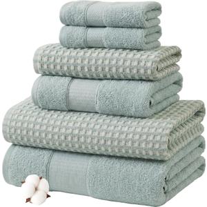 Modern Threads 6 Piece Cotton Bath Towel Set Ultra Soft 600 GSM Towels Bathroom Set with Hand Towels and Washcloths Waffle (Sage Mist)