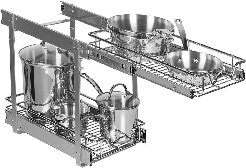 HOLDN STORAGE Pull Out Cabinet Organizer, Individual Sliding Drawers - Heavy Duty Metal - Anti Rust Chrome Finish (Two Tier, 8" W)