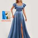 IIF Women's Square Neck Bridesmaid Dresses with Ruffle Sleeves Satin A Line Long Formal Evening Dresses with Slit Blush Pink US Size 12 IIF134