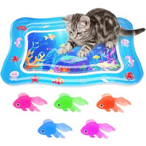 Cat Water Mat - Interactive Cat Toys Upgraded Thickened 0.7mm PVC Cooling & Heating Water Bed with Floating Fish, Anti-Scratch Leak Proof Foldable Water Sensor Play Mat for Cats (blue)