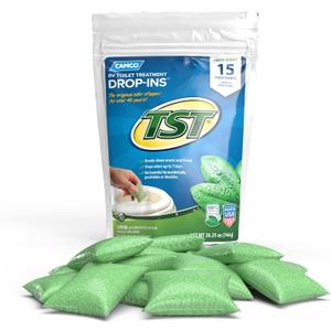 Camco TST RV Toilet Treatment Drop-INs - Control Unwanted Odors and Break Down Waste and Tissue - Septic Tank Safe - Fresh Scent - 15-pack (40264)