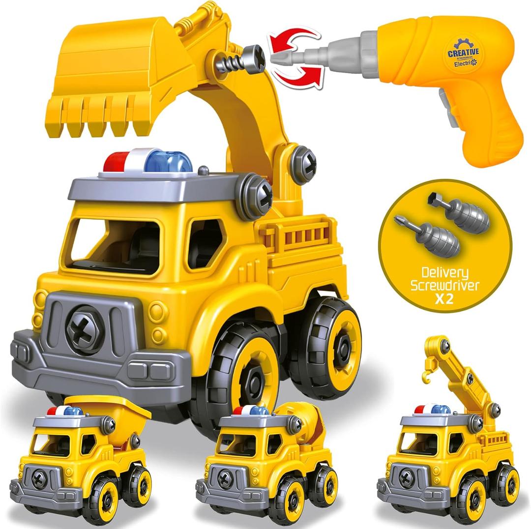 4-in-1 Take Apart Car Toys for Boys, DIY Engineering Construction Truck Toy Vehicle - Dump Truck, Cement Mixer, Excavator, Crane, Kids Building Educational Toy Gift for Age 3-8 Year Old Girls