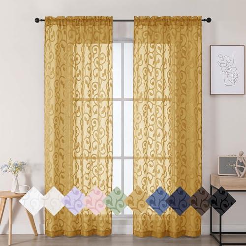 WelvetBLK Gold Sheer Curtains 84 Inches Long 2 Panels Set for Bedroom Living Room, Soft Solid Airy Elegant Geometric Jacquard Clip Light Filtering Curtains Drapes, Gold, 2Pcs Total Wide 84" Inch