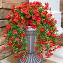 HyeFlora Artificial Hanging Flowers for Outdoors Decoration, 2Pcs Red Fake Spring Summer Decor, Realistic Plants, UV & Fading Resistant Flower for Porch Patio Balcony Planter Yard Home Garland