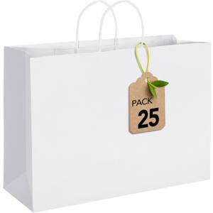 MESHA Gift Paper Bags White X-Large 16x6x12 25 Pack, Kraft Gift Bags with Handles for Shopping Birthday Party Favor Grocery Retail Merchandise Wedding Sacks