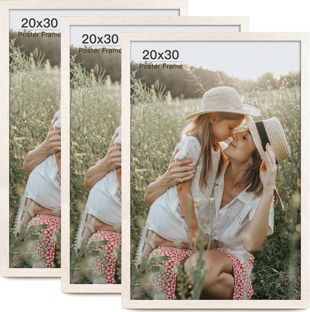Momentworth 20x30 Frame Set of 3, Rustic White Wood Grain 20x30 Poster Frame for Gallery Wall Mounting (3 Pack, White)