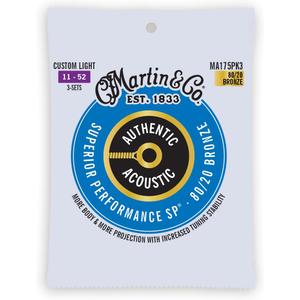 Martin Authentic Acoustic Guitar Strings, Superior Performance Custom Light 11-52, 80/20 Bronze, 3 Pack