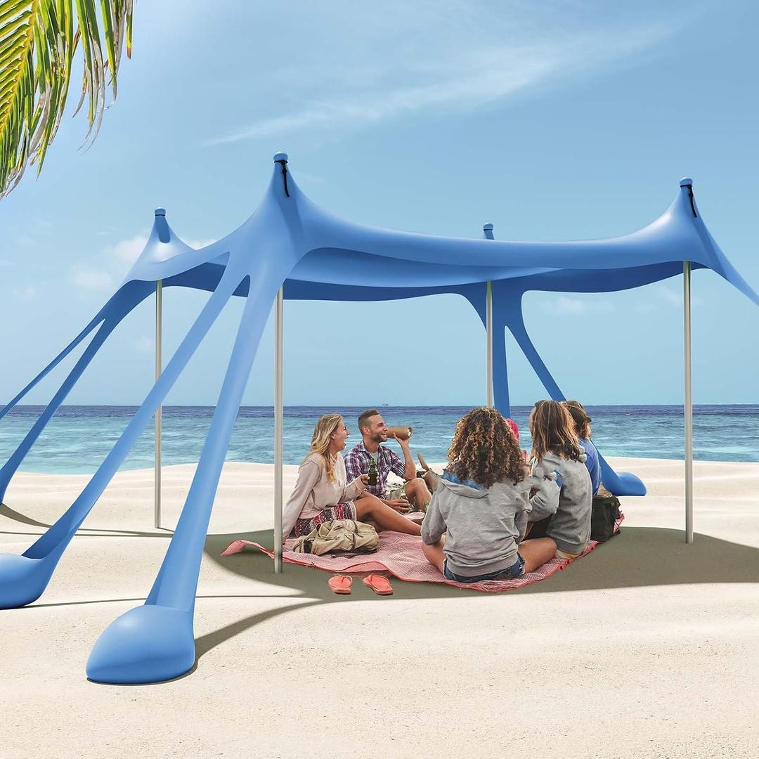 Gardentime Beach Tent Canopy with 8 Sandbags 4 Aluminum Poles, Pop Up Portable Camping Sun Shelter, Easy Set Up with 2 Sand Shovel, Ground Pegs, Carrying Bag for Outdoor Beach,Picnic, Fishing