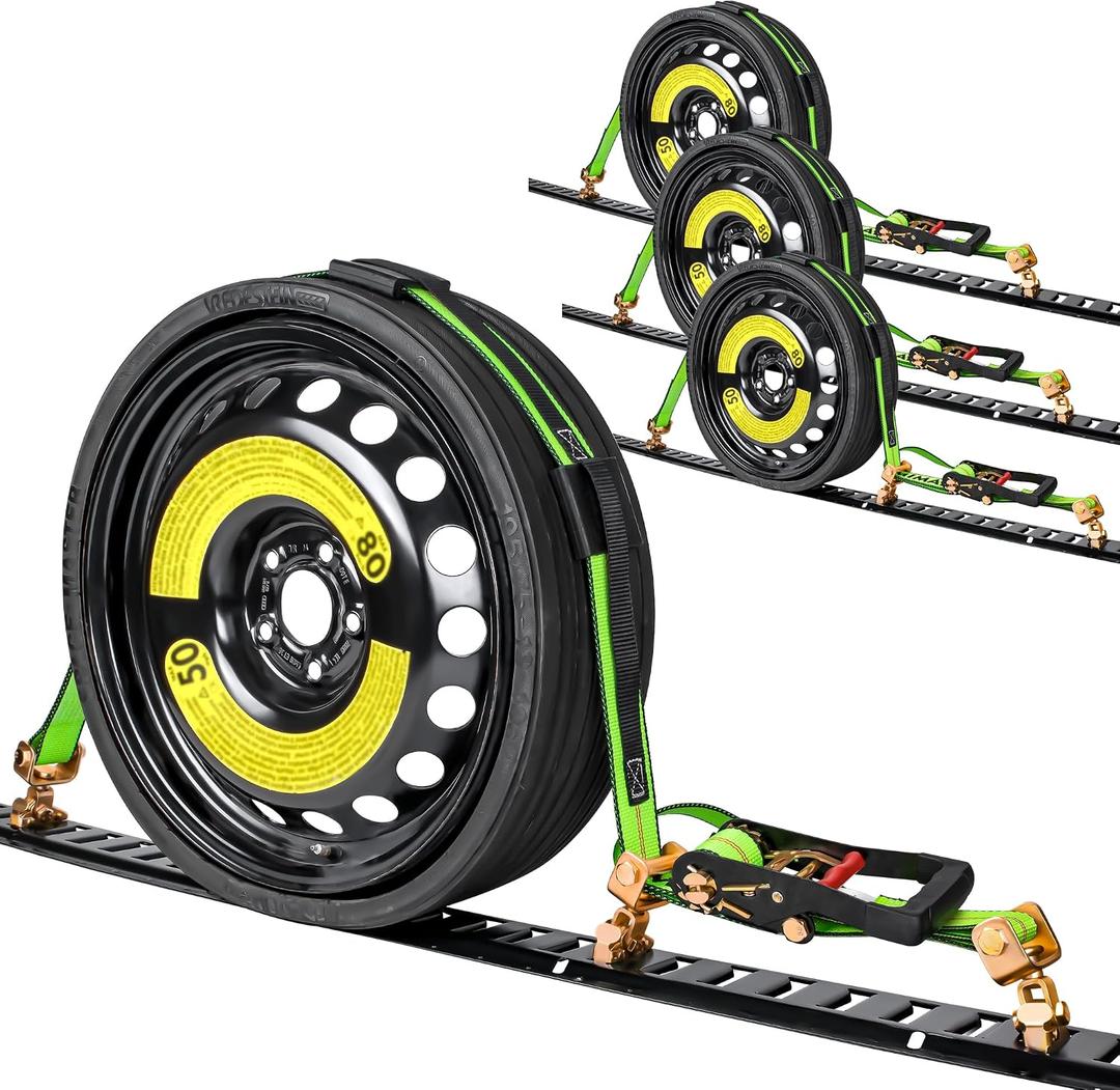 E Track Tire Straps, 2"x10', 4Pack,Car Hauler,Swivel Idler,4400lbs
Wheel Straps with E-Track Idler Swivel Anchors,Car Tie Down Straps for Trailers with 3 Rubber Blocks for Towing Car, ATV,UTV