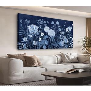 Large Flowers Wall Art for Living Room Decor Framed Art Floral Canvas Pictures Vintage Blossom Artwork Navy Blue Botanical Wildflower Canvas Prints for Bedroom Home Office Wall Decor 20" X 40"