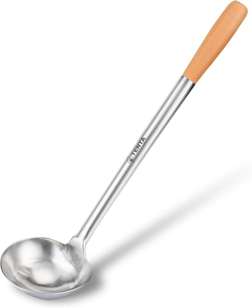 Tenta Kitchen Professional Large Stainless Steel Serving Ladle Spoon - Gravy Ladle Soup Spoon For School Canteen,Hotel Kitchen,Restaurant (Wooden Handle Ladle)