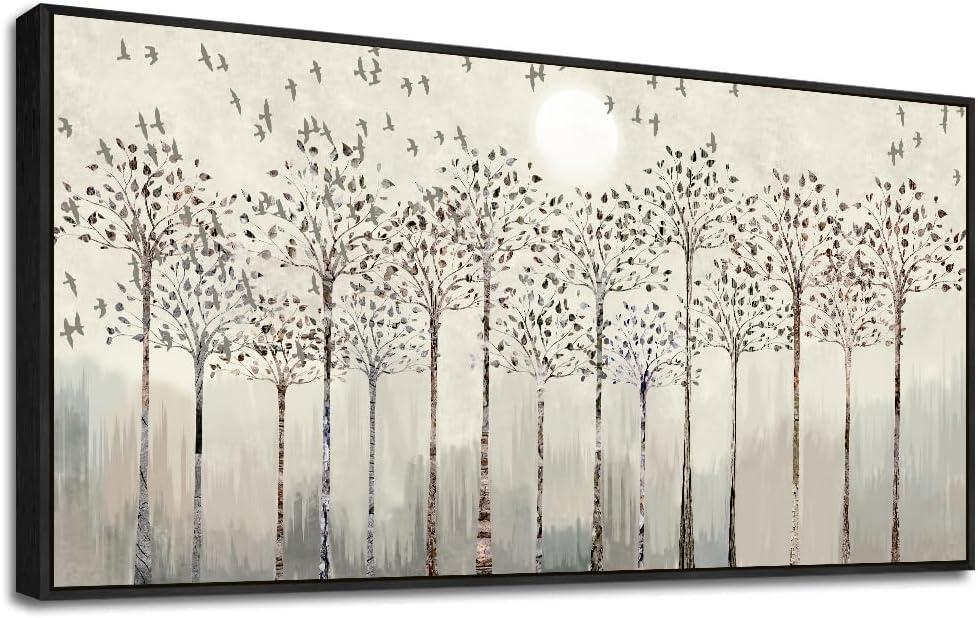 Scenery Abstract Wall Painting Framed Canvas Wall Art For Living Room Large Size Wall Decorations For Bedroom Office Wall Decor Pictures Artwork Canvas Prints Home Boho Wall Decor Black Framed (48"L x 24"W, Trees And Birds Black Framed)