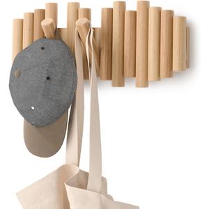 Umbra Picket Coat Rack Wall Mount – 5 Flip-Down Wood Coat Hooks, Modern & Functional Storage, Easy Install Wall Hooks, Natural