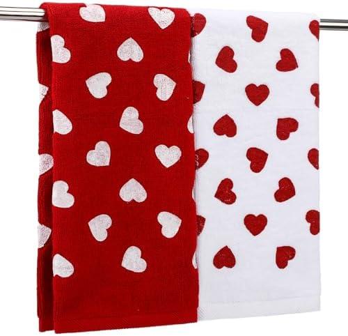Preboun 2 Pcs Valentine's Day Hand Towels Hearts Valentines Bathroom Towels Cotton Soft Absorbent Bathroom Kitchen Decoration for Drying, Cleaning, Cooking, 13.7 x 29.5inch