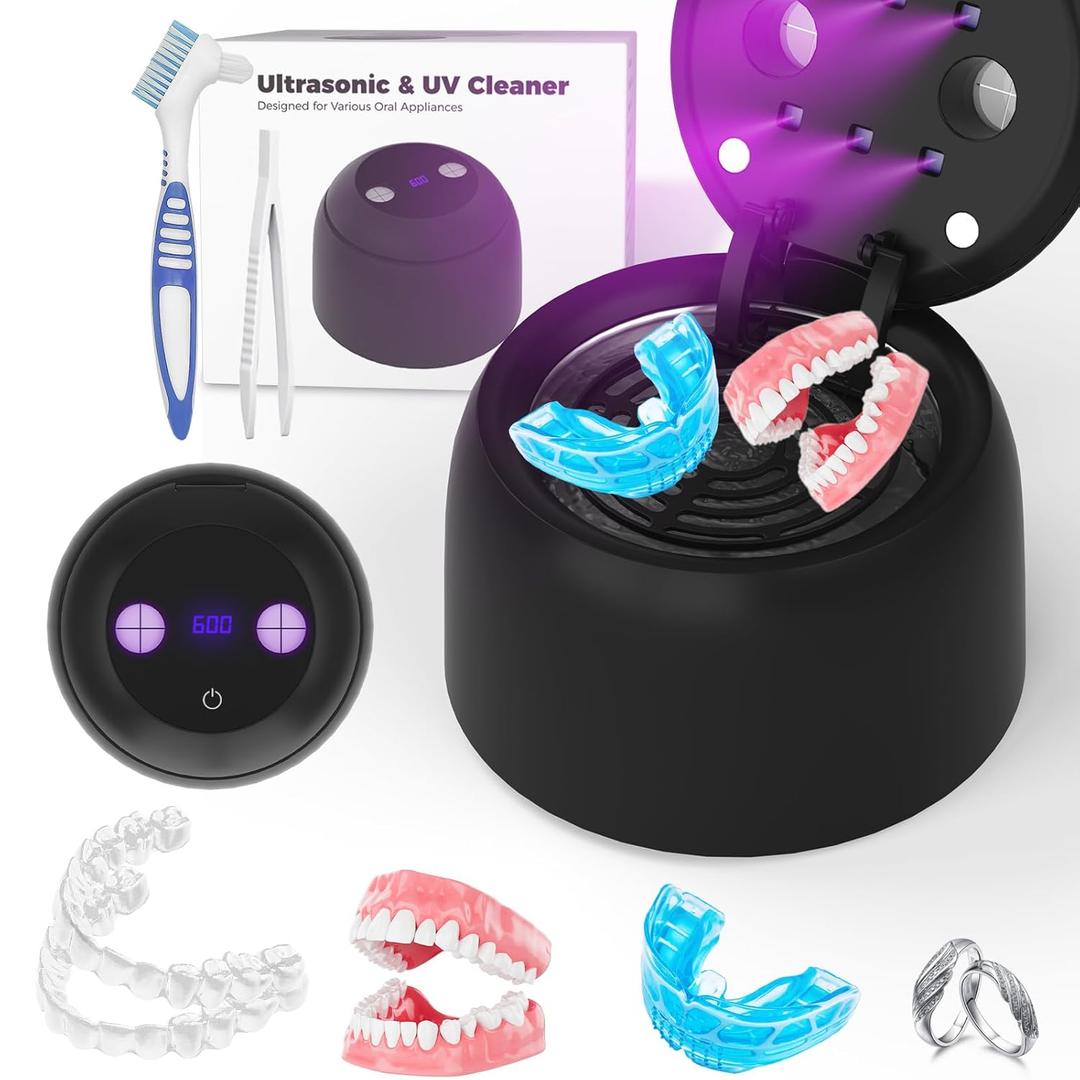 Ultrasonic Retainer Cleaner Machine, 45kHz Dental Cleaning for denture Jewelry, Watch Strap, Night Guards, Toothbrush, Mouth Guards, Aligner, Braces,Denture Cleaners Digital Timer, 200ML (Black)